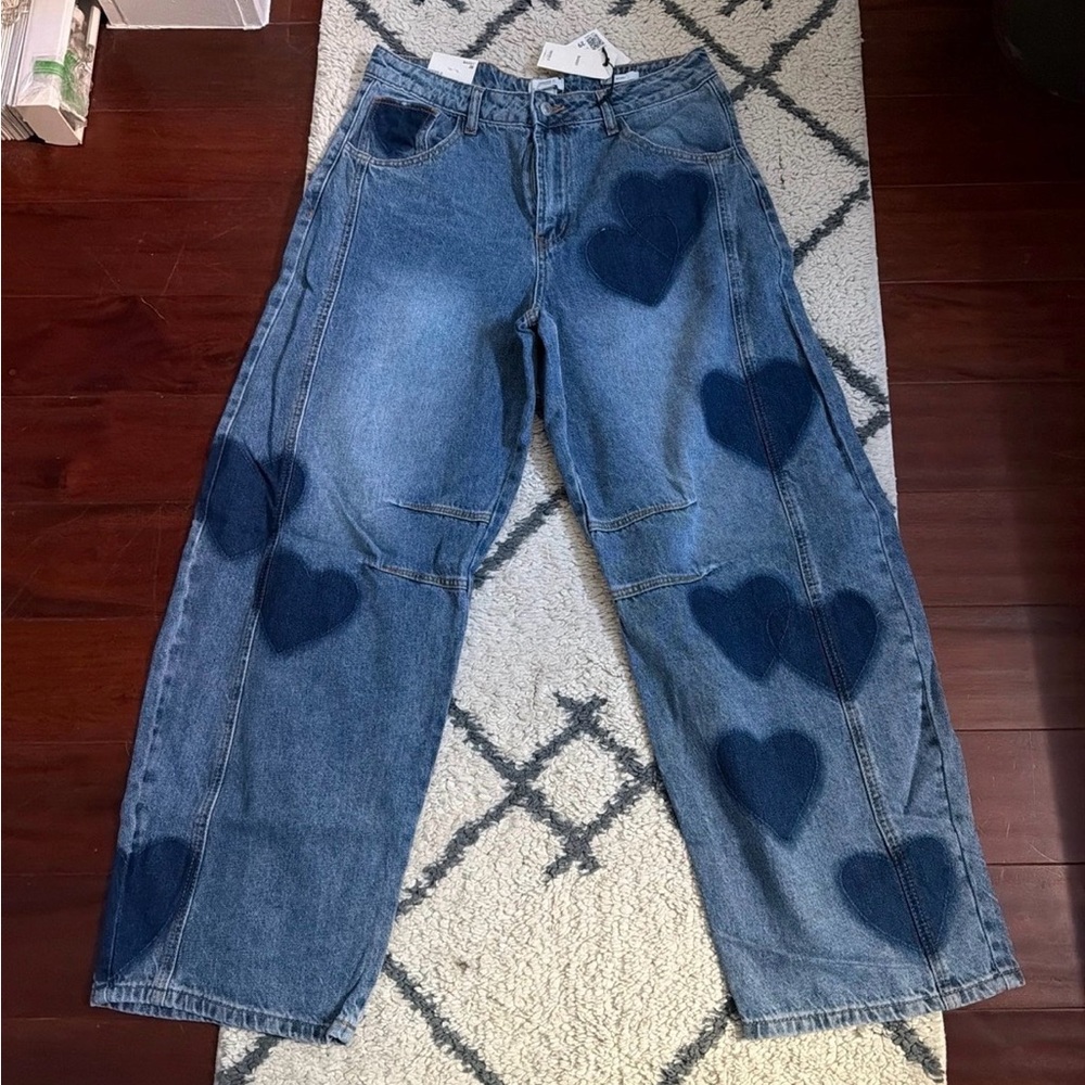 NWT Forever 21 Heart Patterned Blue Jeans